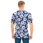 White Blue Hibiscus Floral Pattern Print Men's T-Shirt