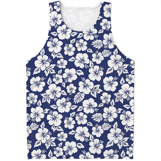 White Blue Hibiscus Floral Pattern Print Men's Tank Top