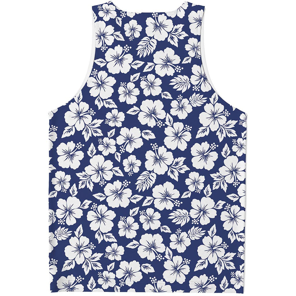 White Blue Hibiscus Floral Pattern Print Men's Tank Top