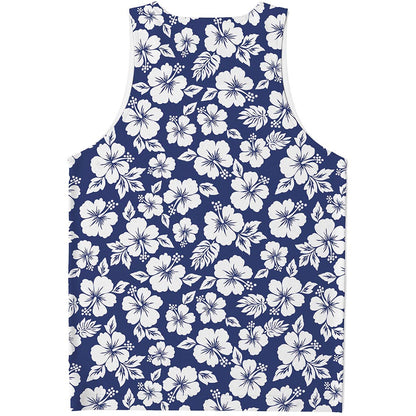 White Blue Hibiscus Floral Pattern Print Men's Tank Top
