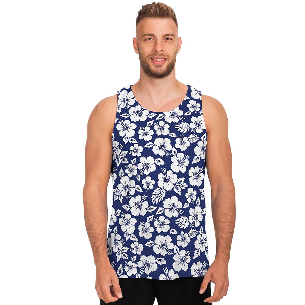 White Blue Hibiscus Floral Pattern Print Men's Tank Top