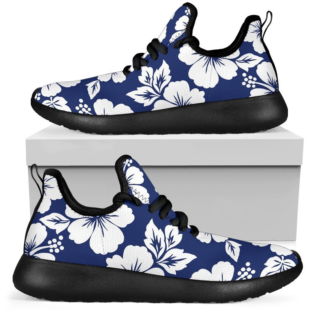 White Blue Hibiscus Floral Pattern Print Mesh Knit Shoes GearFrost