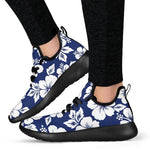 White Blue Hibiscus Floral Pattern Print Mesh Knit Shoes GearFrost