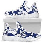 White Blue Hibiscus Floral Pattern Print Mesh Knit Shoes GearFrost