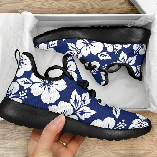 White Blue Hibiscus Floral Pattern Print Mesh Knit Shoes GearFrost