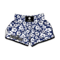 White Blue Hibiscus Floral Pattern Print Muay Thai Boxing Shorts