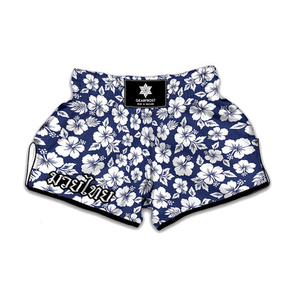 White Blue Hibiscus Floral Pattern Print Muay Thai Boxing Shorts
