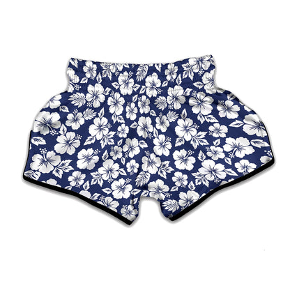 White Blue Hibiscus Floral Pattern Print Muay Thai Boxing Shorts