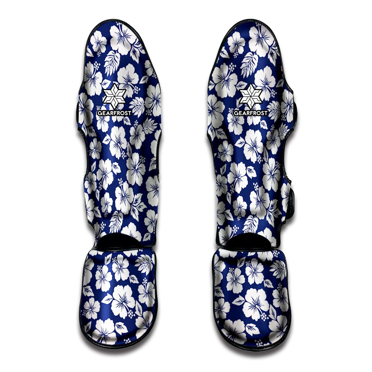 White Blue Hibiscus Floral Pattern Print Muay Thai Shin Guard