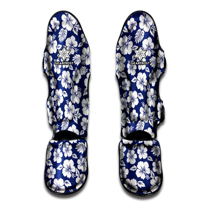White Blue Hibiscus Floral Pattern Print Muay Thai Shin Guard