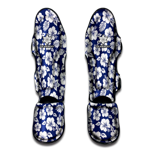 White Blue Hibiscus Floral Pattern Print Muay Thai Shin Guard