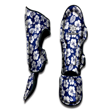 White Blue Hibiscus Floral Pattern Print Muay Thai Shin Guard