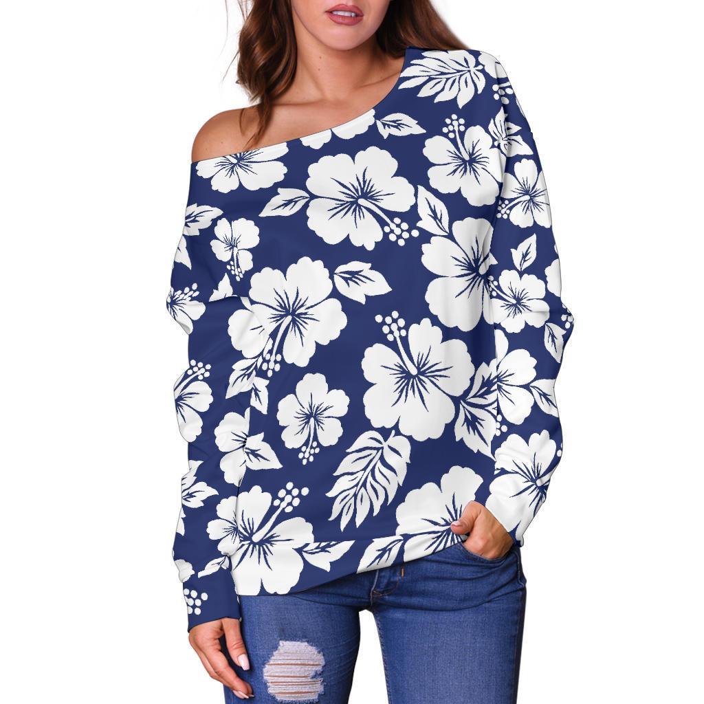 White Blue Hibiscus Floral Pattern Print Off Shoulder Sweatshirt GearFrost