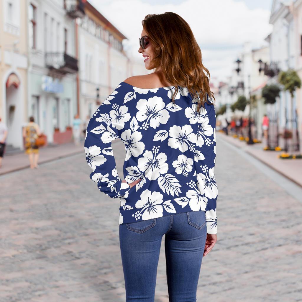 White Blue Hibiscus Floral Pattern Print Off Shoulder Sweatshirt GearFrost