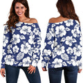 White Blue Hibiscus Floral Pattern Print Off The Shoulder Sweatshirt