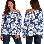 White Blue Hibiscus Floral Pattern Print Off Shoulder Sweatshirt GearFrost