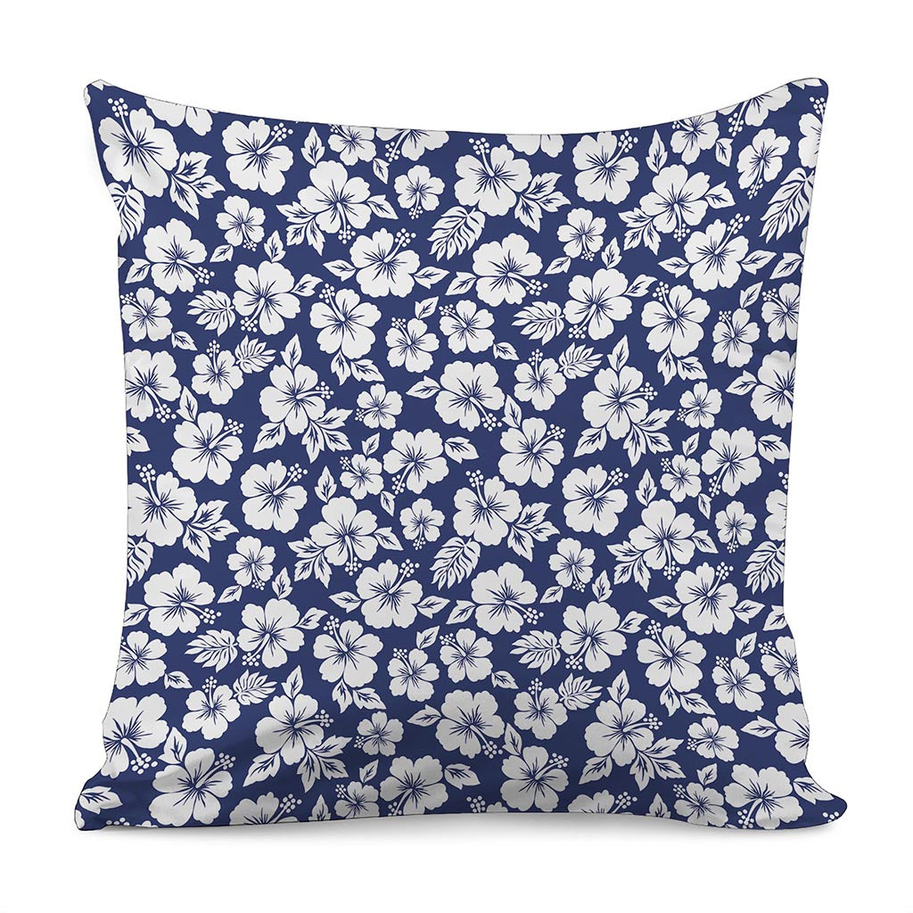 White Blue Hibiscus Floral Pattern Print Pillow Cover