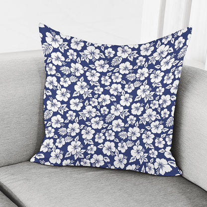 White Blue Hibiscus Floral Pattern Print Pillow Cover