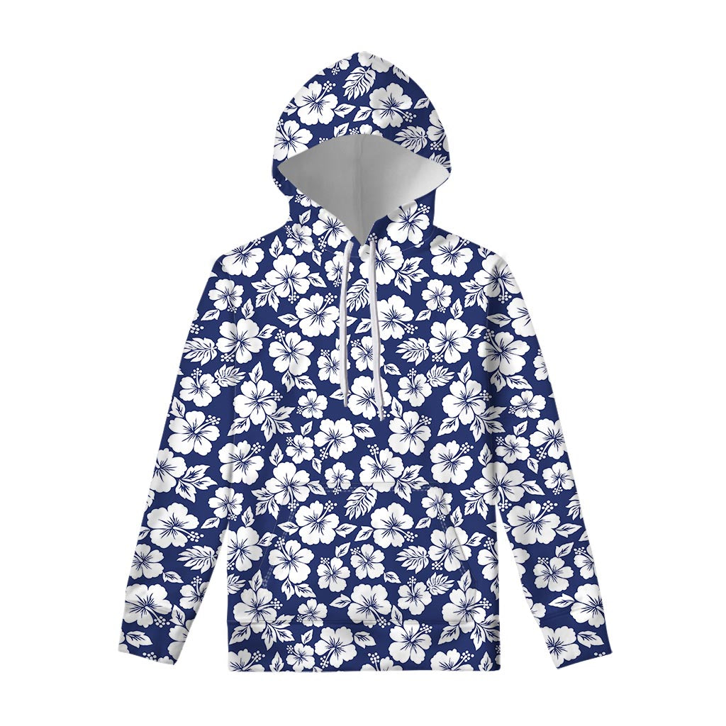 White Blue Hibiscus Floral Pattern Print Pullover Hoodie