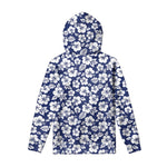 White Blue Hibiscus Floral Pattern Print Pullover Hoodie