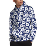White Blue Hibiscus Floral Pattern Print Pullover Hoodie