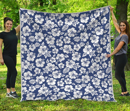 White Blue Hibiscus Floral Pattern Print Quilt