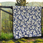White Blue Hibiscus Floral Pattern Print Quilt