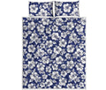 White Blue Hibiscus Floral Pattern Print Quilt Bed Set