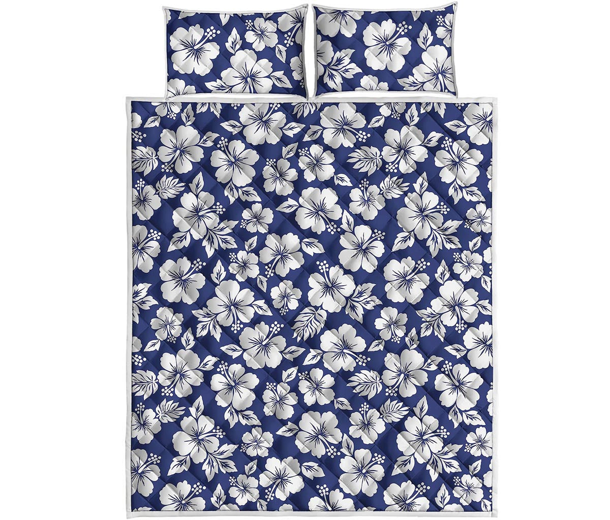 White Blue Hibiscus Floral Pattern Print Quilt Bed Set