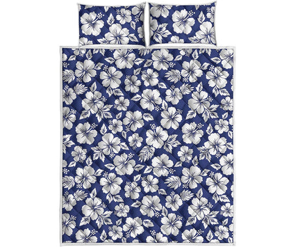 White Blue Hibiscus Floral Pattern Print Quilt Bed Set