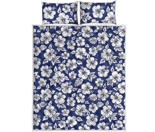 White Blue Hibiscus Floral Pattern Print Quilt Bed Set