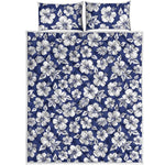 White Blue Hibiscus Floral Pattern Print Quilt Bed Set