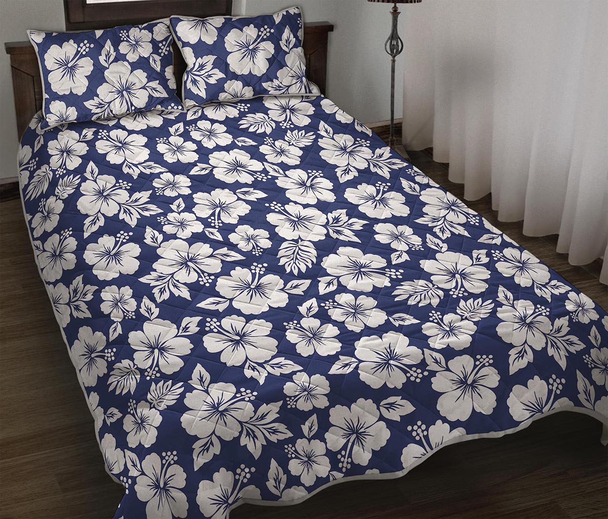 White Blue Hibiscus Floral Pattern Print Quilt Bed Set