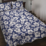 White Blue Hibiscus Floral Pattern Print Quilt Bed Set