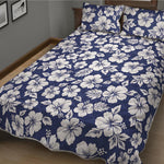 White Blue Hibiscus Floral Pattern Print Quilt Bed Set