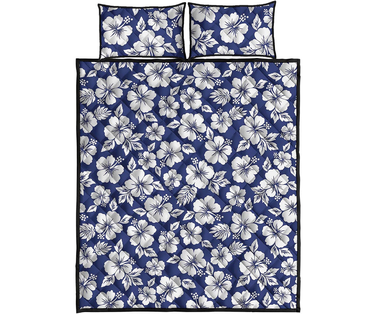 White Blue Hibiscus Floral Pattern Print Quilt Bed Set