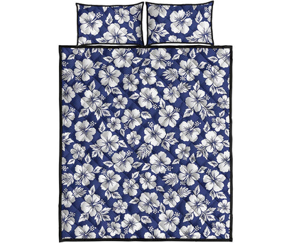 White Blue Hibiscus Floral Pattern Print Quilt Bed Set