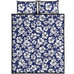 White Blue Hibiscus Floral Pattern Print Quilt Bed Set