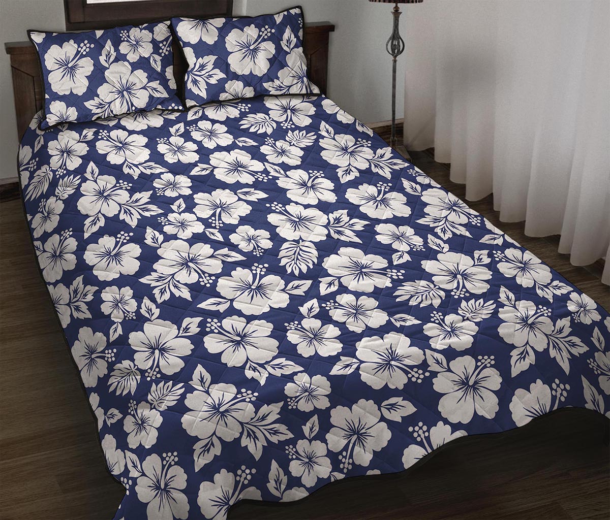 White Blue Hibiscus Floral Pattern Print Quilt Bed Set