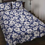White Blue Hibiscus Floral Pattern Print Quilt Bed Set