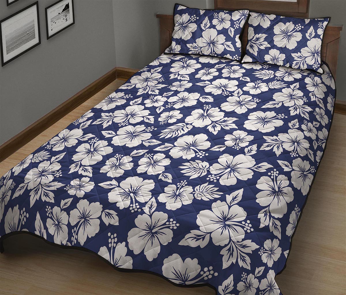 White Blue Hibiscus Floral Pattern Print Quilt Bed Set