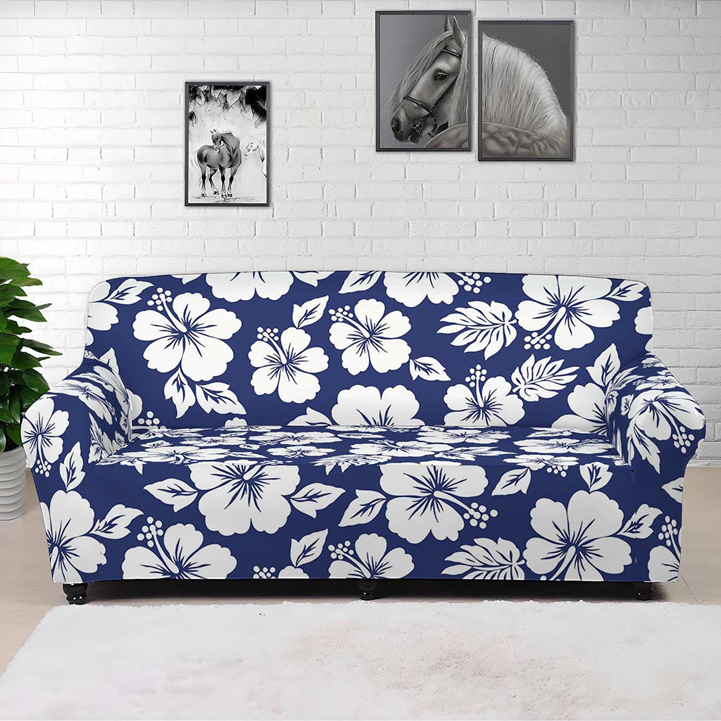 White Blue Hibiscus Floral Pattern Print Sofa Cover
