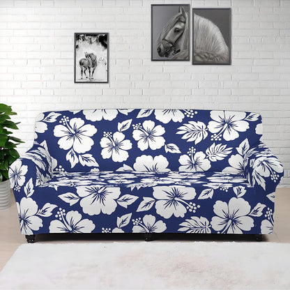 White Blue Hibiscus Floral Pattern Print Sofa Cover