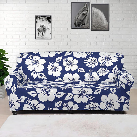 White Blue Hibiscus Floral Pattern Print Sofa Cover