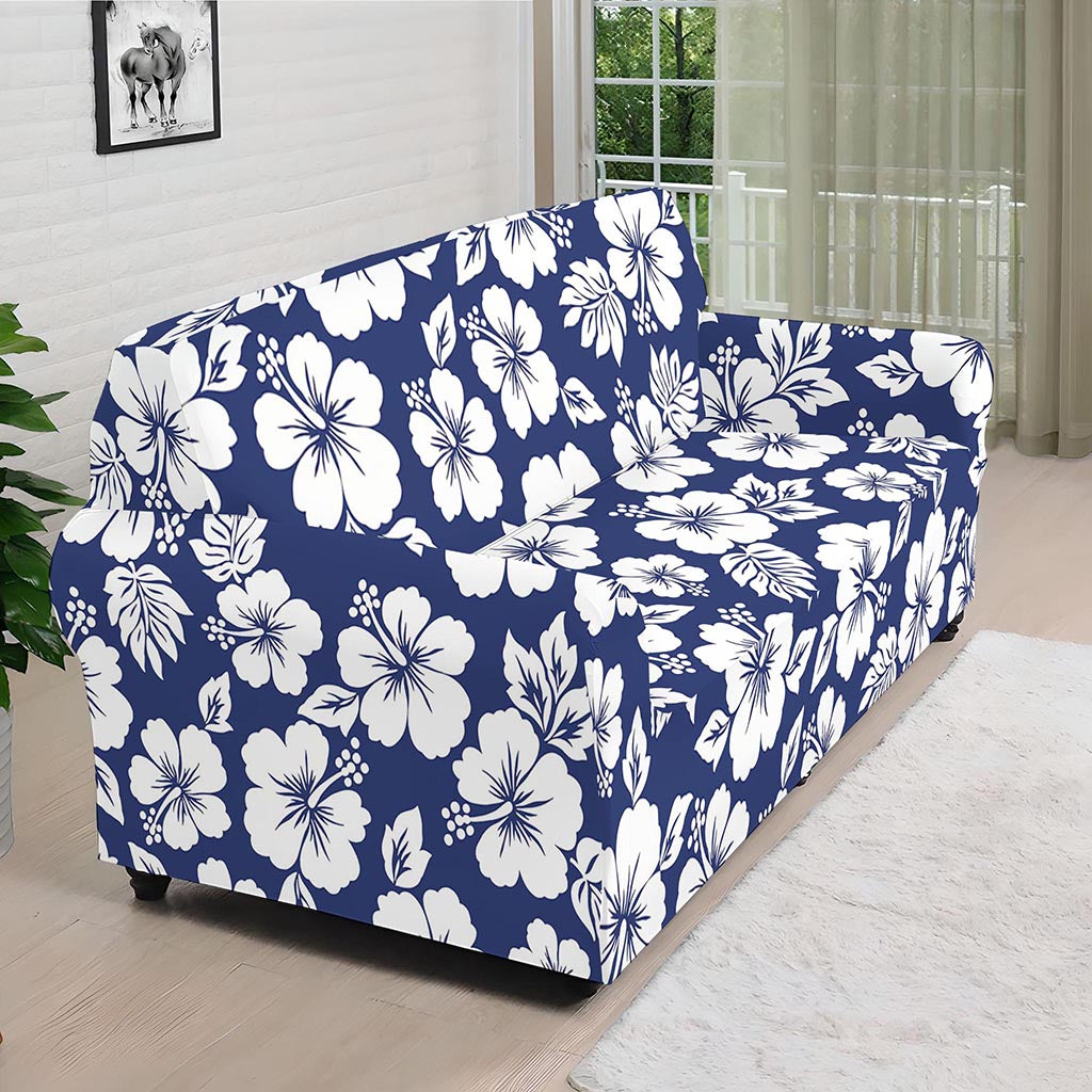 White Blue Hibiscus Floral Pattern Print Sofa Cover
