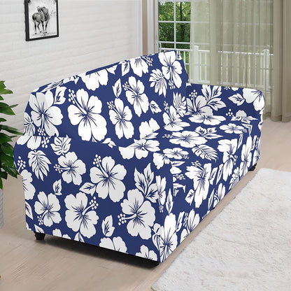 White Blue Hibiscus Floral Pattern Print Sofa Cover