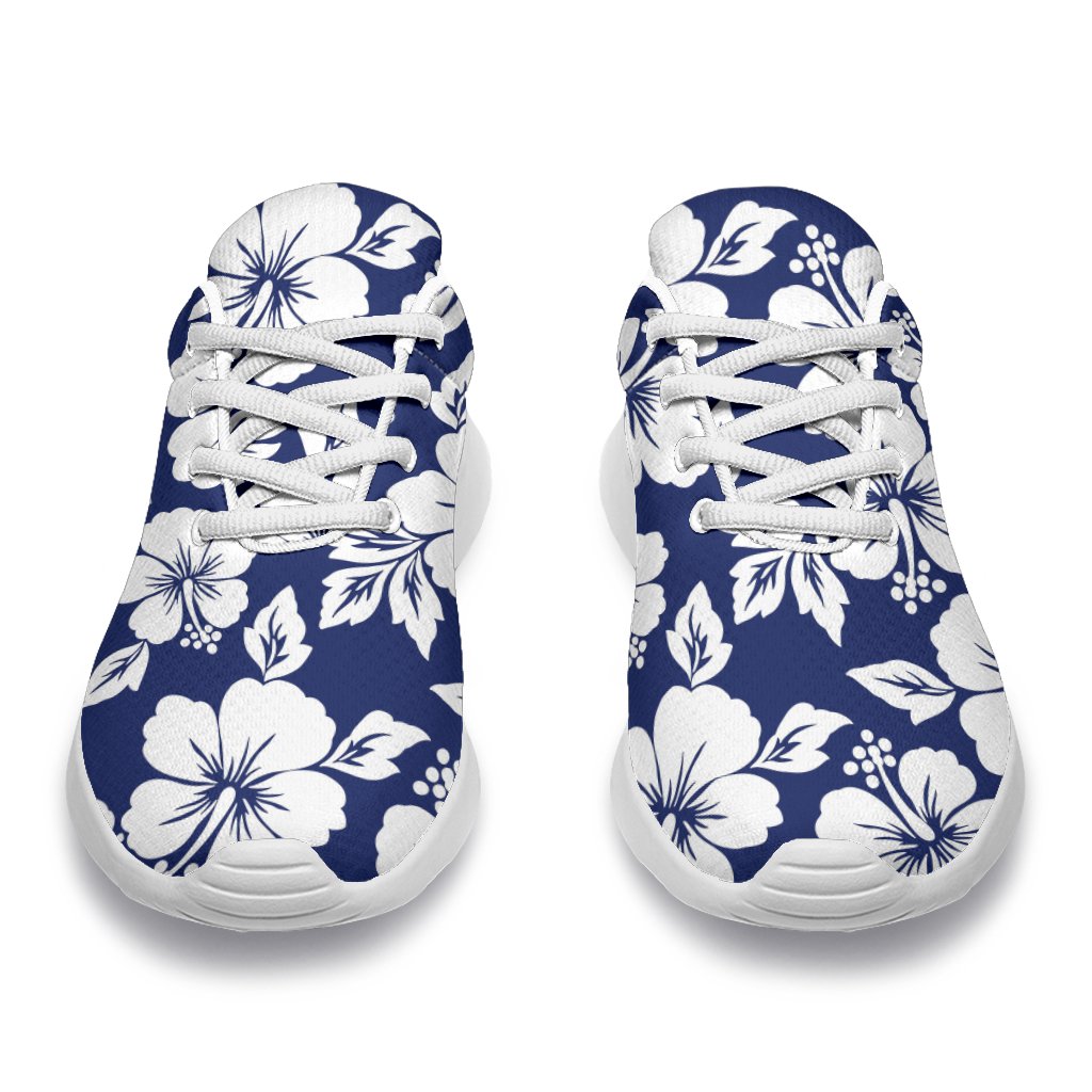 White Blue Hibiscus Floral Pattern Print Sport Shoes GearFrost