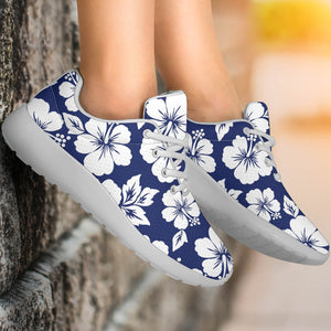 White Blue Hibiscus Floral Pattern Print Sport Shoes GearFrost