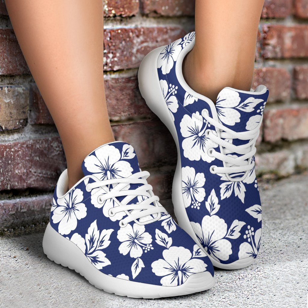 White Blue Hibiscus Floral Pattern Print Sport Shoes GearFrost