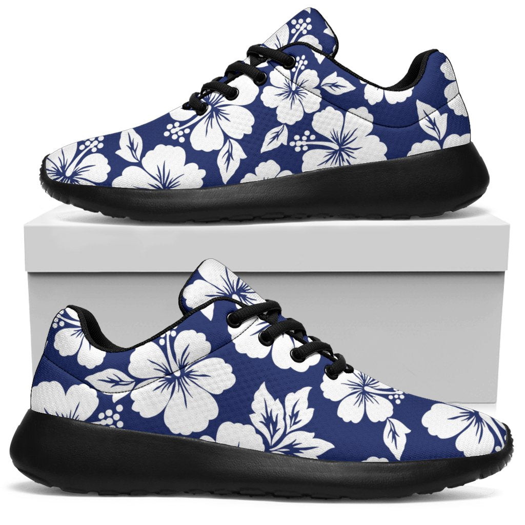 White Blue Hibiscus Floral Pattern Print Sport Shoes GearFrost